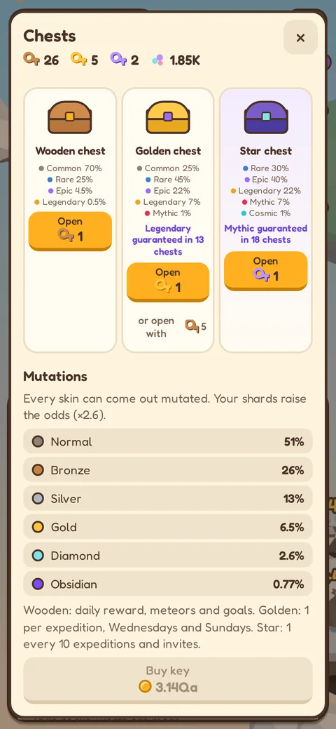 Pickadrift shop with wooden, golden and star chests and the mutation odds