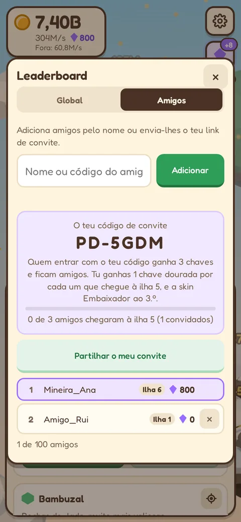 Separador de amigos com o código de convite e a leaderboard dos amigos