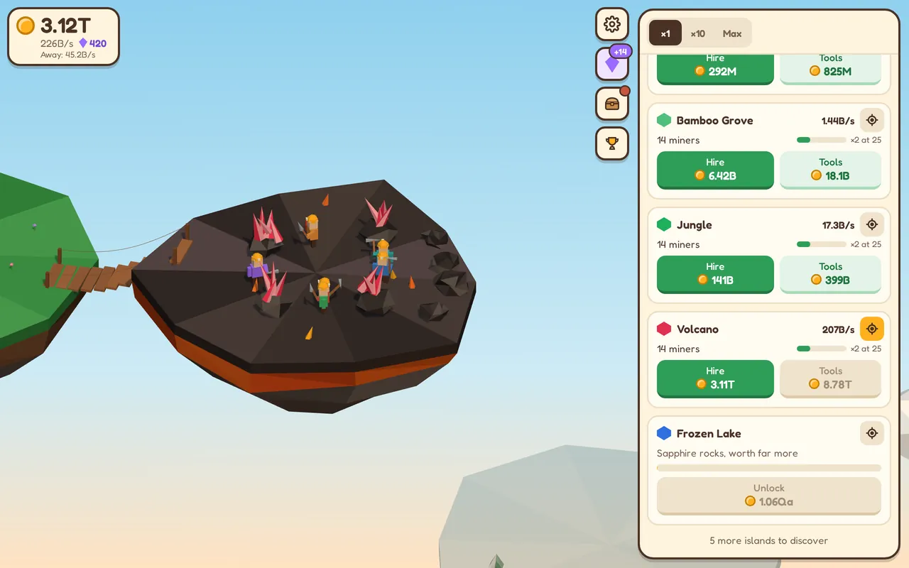 Pickadrift on desktop: the Volcano with ruby crystals and the miner panel on the right
